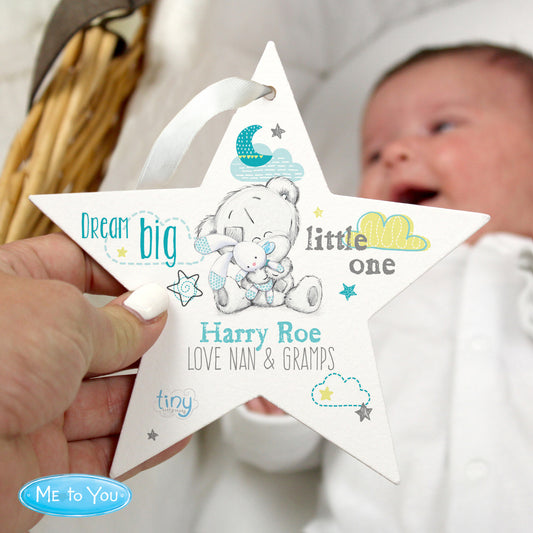 Personalised Tiny Tatty Teddy Dream Big Blue Wooden Star Decoration