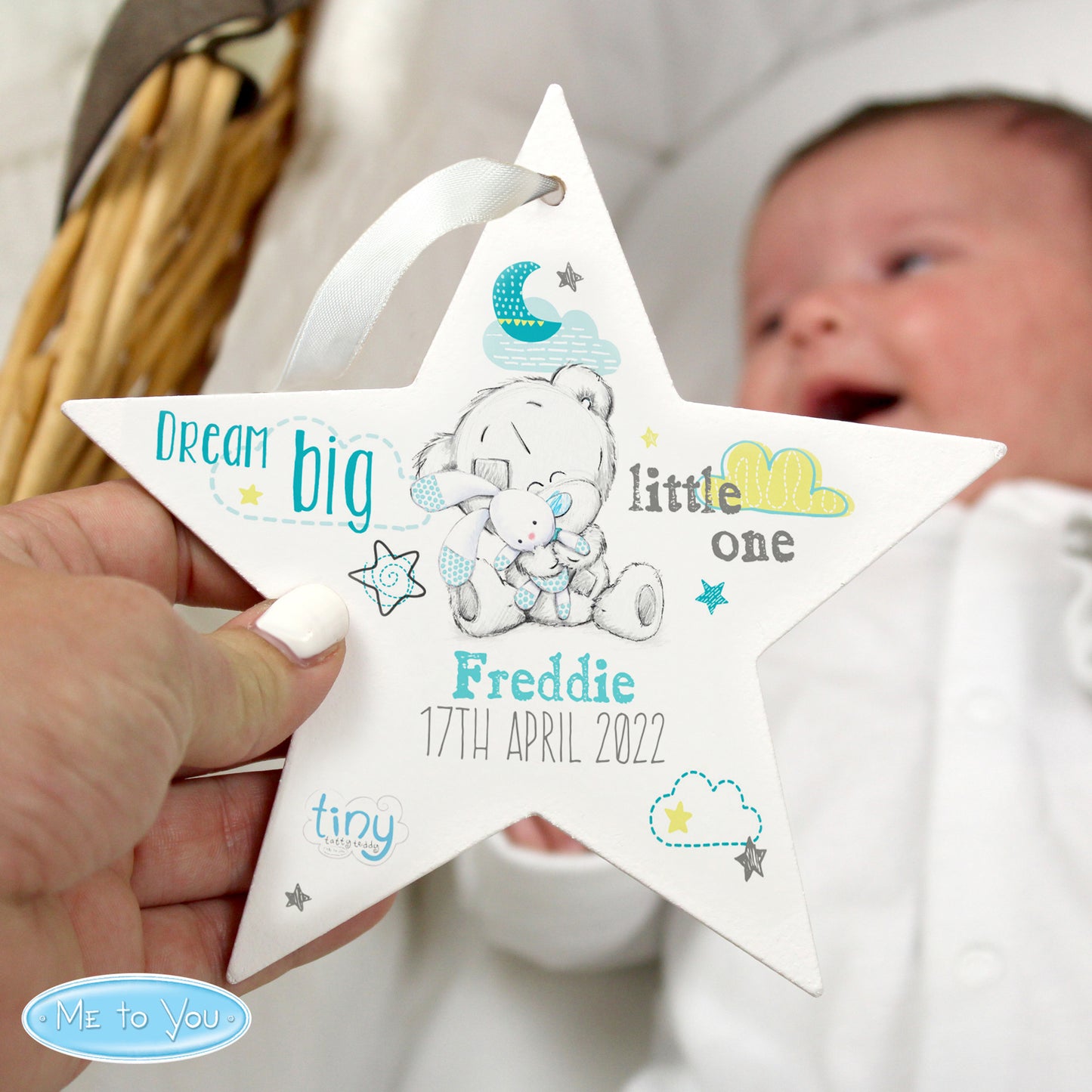 Personalised Tiny Tatty Teddy Dream Big Blue Wooden Star Decoration