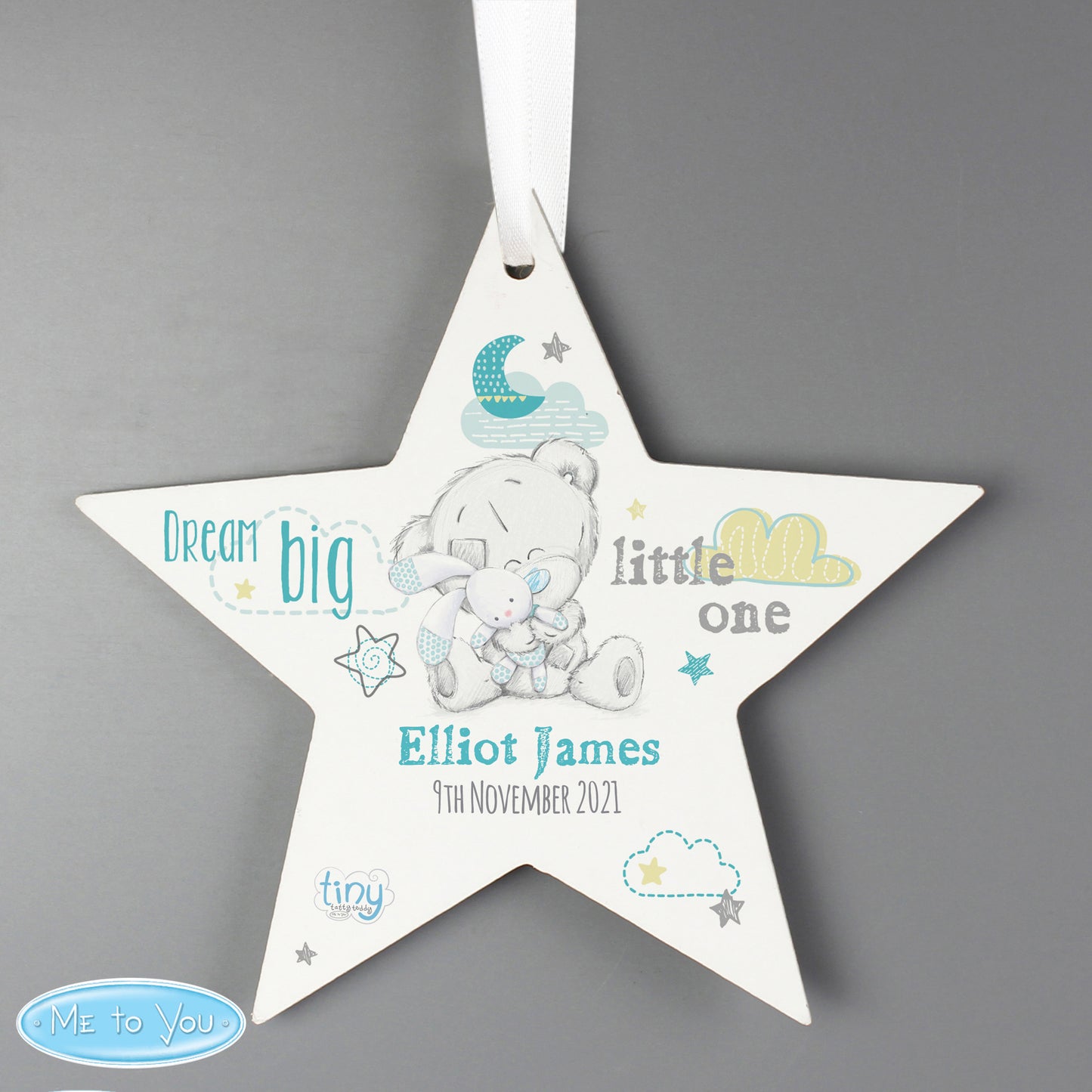 Personalised Tiny Tatty Teddy Dream Big Blue Wooden Star Decoration